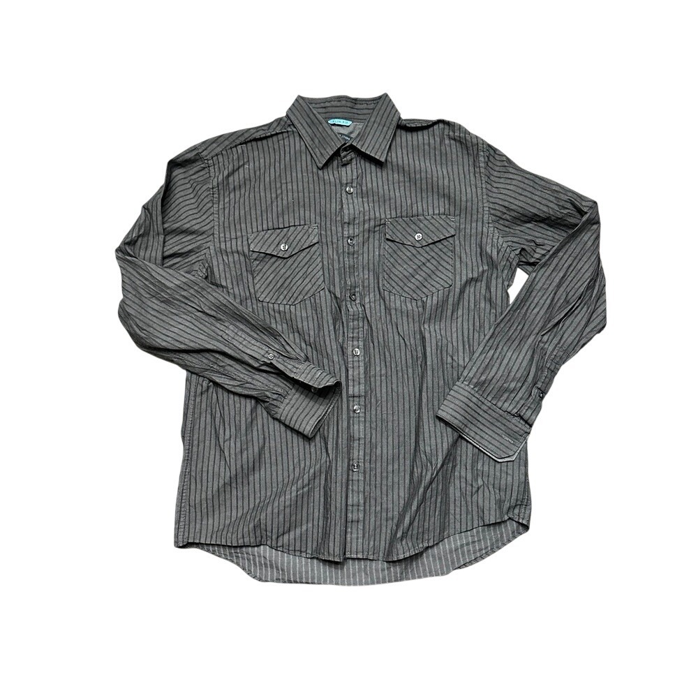 Vanheusen Studio Men's Black/Gray Striped‎ Dress Shirt Size Large